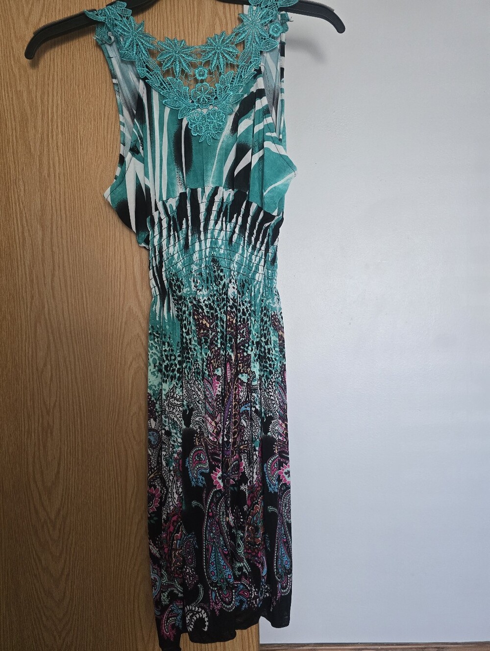 Turquoise Floral Lace Yoke Maxi Dress